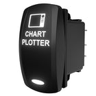Carling chartplotter rocker switch, angled front-right view showing illuminated legend and rear connector pins.