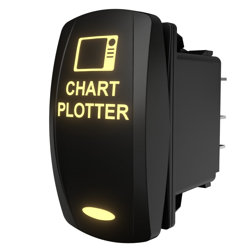 Angled side and rear view of chartplotter rocker switch showing illuminated label and rear spade connectors.