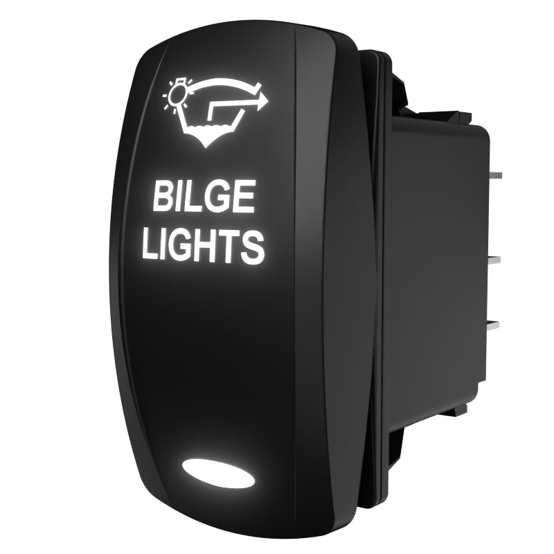 Angled side/rear view of illuminated bilge lights rocker switch showing rear connector pins and mounting clip.