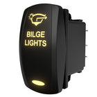 Side/rear angled view of Bilge Lights rocker switch showing illuminated legend and exposed spade terminals