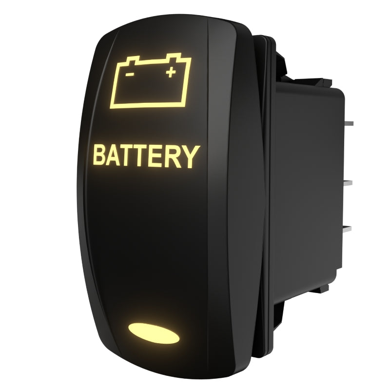 Angled side/rear view of illuminated BATTERY rocker switch showing battery icon and rear connector pins