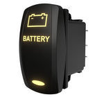 Angled side/rear view of illuminated BATTERY rocker switch showing battery icon and rear connector pins