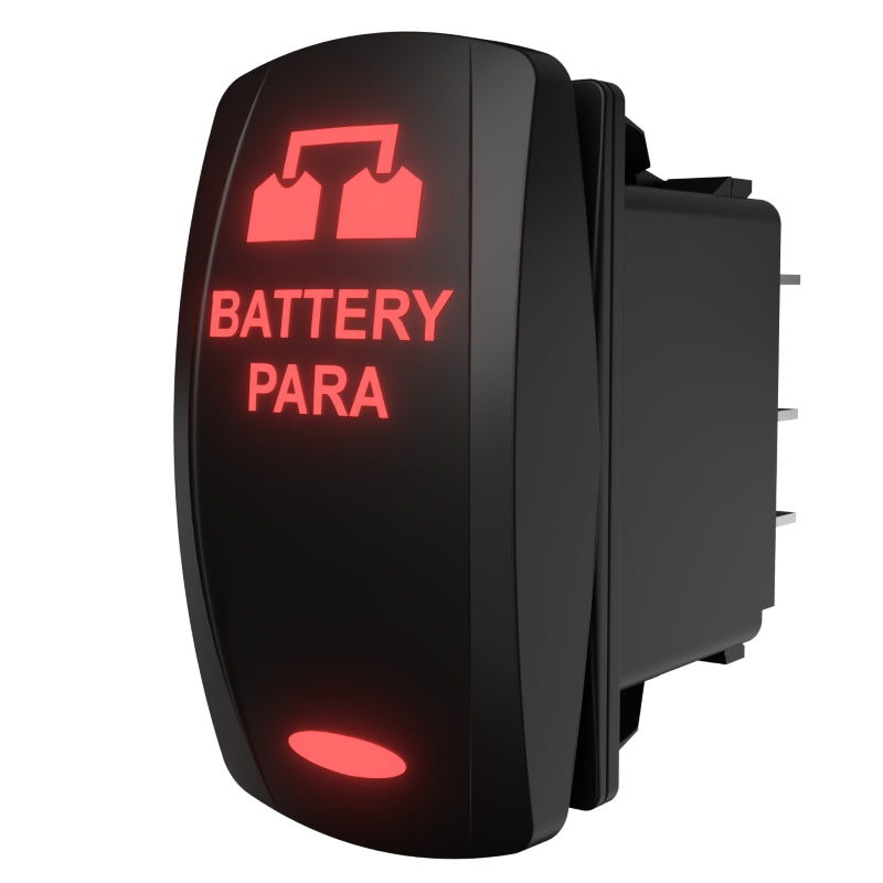 Carling Technologies illuminated rocker switch, angled right-side view showing lit "BATTERY PARA" legend and rear terminals