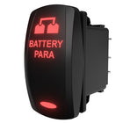 Carling Technologies illuminated rocker switch, angled right-side view showing lit "BATTERY PARA" legend and rear terminals