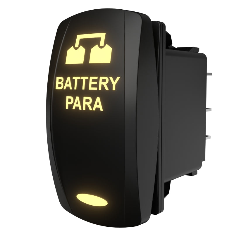 Carling Technologies battery-parallel rocker switch, side-angle view showing illuminated legend and exposed terminals