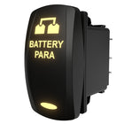Carling Technologies battery-parallel rocker switch, side-angle view showing illuminated legend and exposed terminals