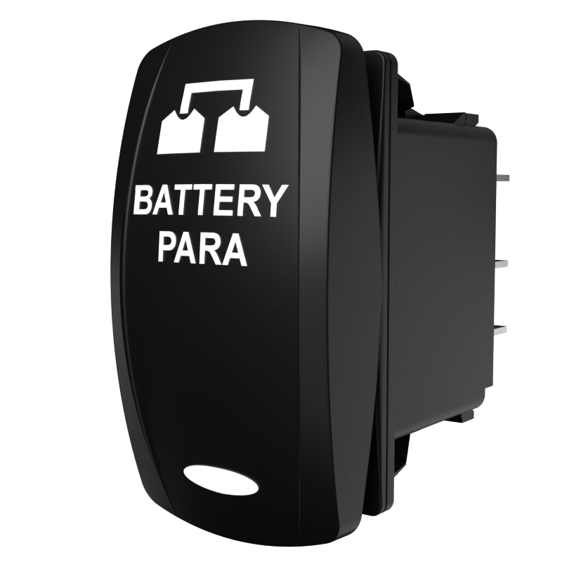 Battery parallel rocker switch, angled front-right view showing face label and rear connector pins