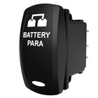 Battery parallel rocker switch, angled front-right view showing face label and rear connector pins