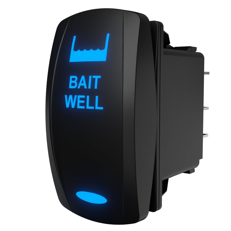 Illuminated BAIT WELL rocker switch, angled to show glowing legend and rear spade terminals.