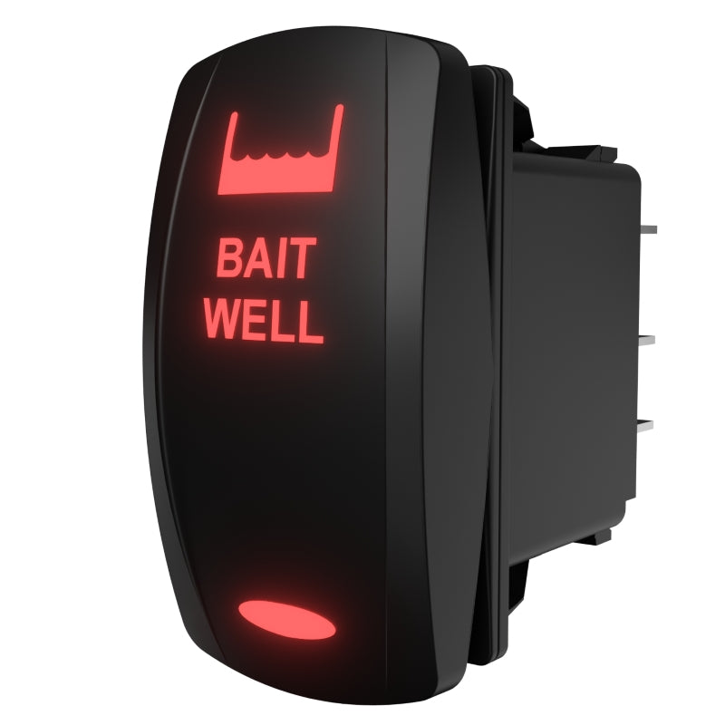 Bait Well illuminated rocker switch, angled side/rear view showing red legend and connector pins