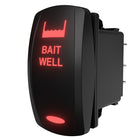 Bait Well illuminated rocker switch, angled side/rear view showing red legend and connector pins