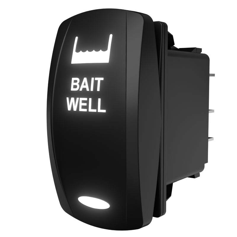 BAIT WELL illuminated rocker switch, angled rear view showing housing and three spade terminals