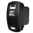 BAIT WELL illuminated rocker switch, angled rear view showing housing and three spade terminals