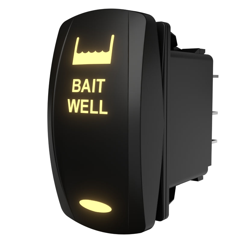 Front-right angled view of illuminated BAIT WELL rocker switch, showing lit icon/LED and rear spade terminals.