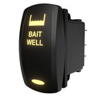 Front-right angled view of illuminated BAIT WELL rocker switch, showing lit icon/LED and rear spade terminals.