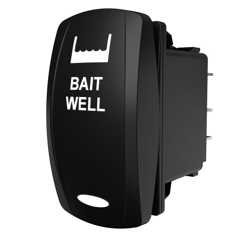 Carling Technologies black rocker switch labeled BAIT WELL with livewell icon