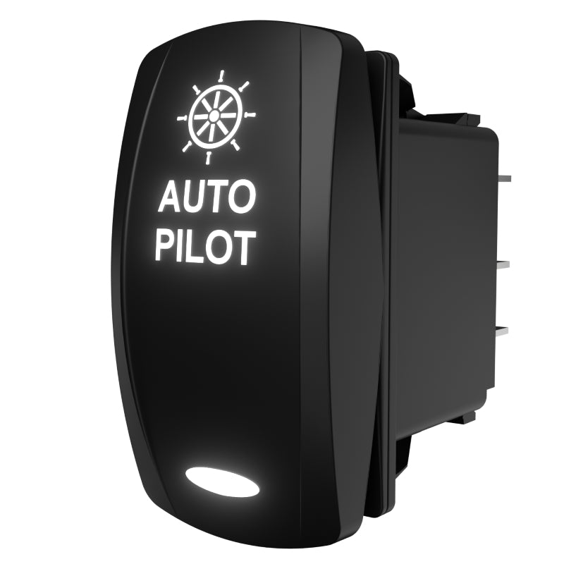 Autopilot illuminated rocker switch, angled side/rear view showing rear pins and mounting clip.