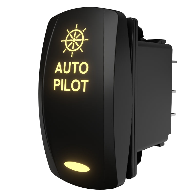 Carling Technologies AUTOPILOT switch, angled rear-side view showing illuminated legend and spade connectors