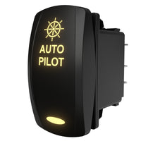 Carling Technologies AUTOPILOT switch, angled rear-side view showing illuminated legend and spade connectors