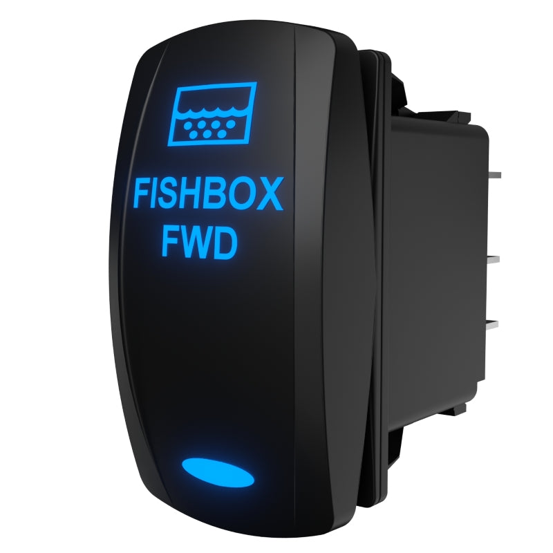 Carling FISHBOX FWD illuminated rocker switch, angled side/rear view showing mounting clip and connector pins