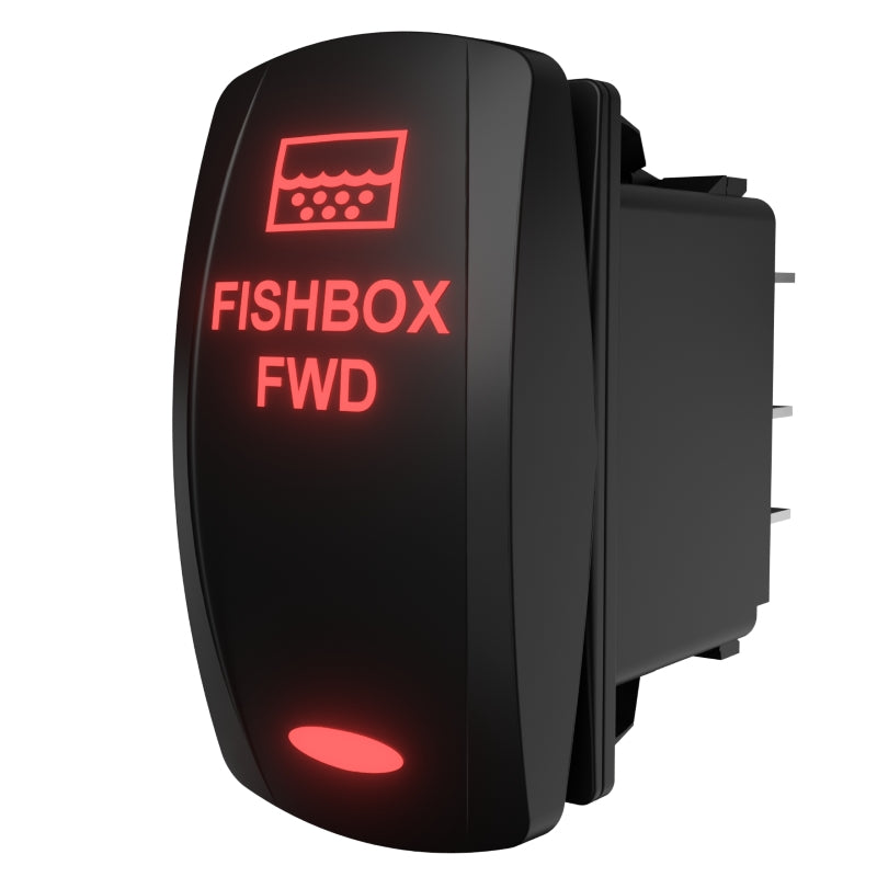 Angled side/rear view of FISHBOX FWD illuminated rocker switch showing red legend and rear connector pins