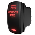 Angled side/rear view of FISHBOX FWD illuminated rocker switch showing red legend and rear connector pins