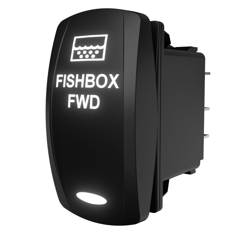 Carling Fishbox FWD illuminated rocker switch, angled front-right view showing legend and rear spade terminals