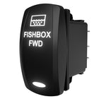 Carling Fishbox FWD illuminated rocker switch, angled front-right view showing legend and rear spade terminals