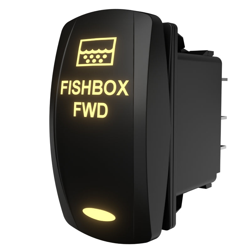 Carling Technologies FISHBOX FWD illuminated rocker switch, angled rear-side view showing spade terminals