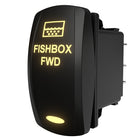 Carling Technologies FISHBOX FWD illuminated rocker switch, angled rear-side view showing spade terminals