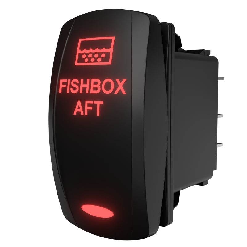 Angled front-right view of Carling FISHBOX AFT illuminated rocker switch with red legend and rear terminals