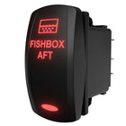 Angled front-right view of Carling FISHBOX AFT illuminated rocker switch with red legend and rear terminals