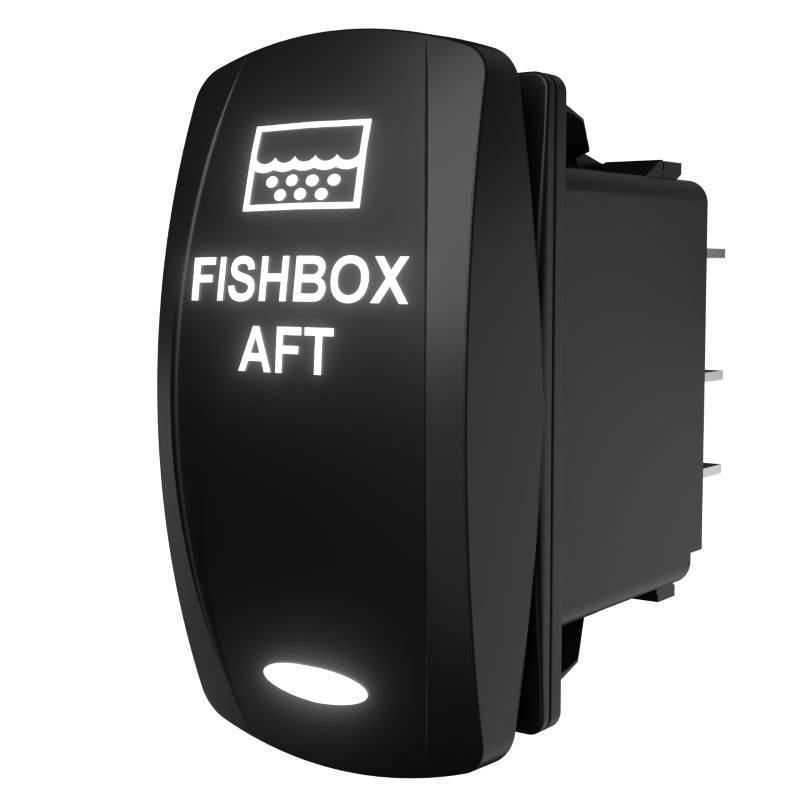 Angled rear-side view of illuminated FISHBOX AFT rocker switch showing spade connectors and labeled face
