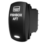 Angled rear-side view of illuminated FISHBOX AFT rocker switch showing spade connectors and labeled face