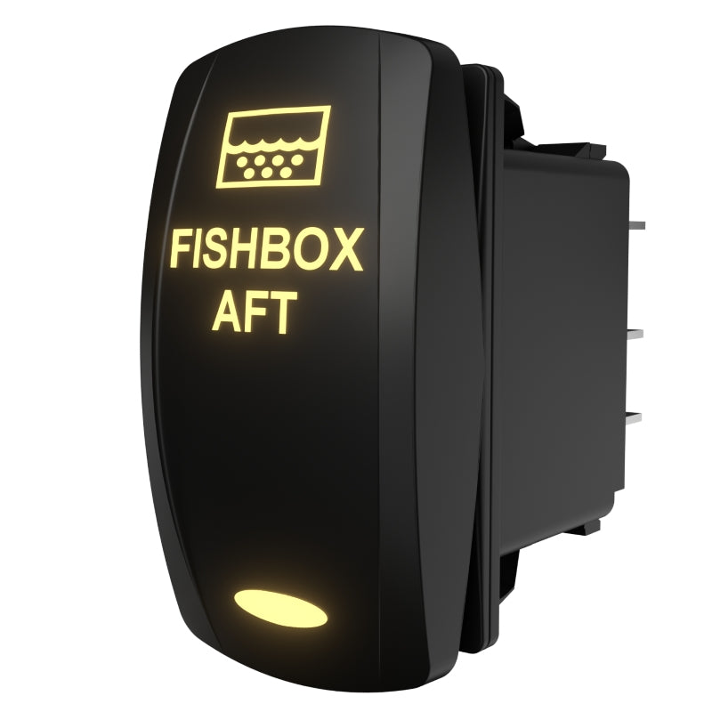 FISHBOX AFT illuminated rocker switch, angled rear-side view showing three spade terminals and lit legend