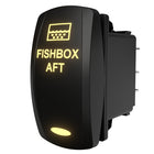 FISHBOX AFT illuminated rocker switch, angled rear-side view showing three spade terminals and lit legend