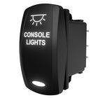 Carling console lights rocker switch, angled rear-side view showing spade terminals and illuminated label