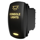 Angled rear-side view of illuminated rocker switch labeled 'CONSOLE LIGHTS' with visible spade terminals.