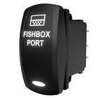 Carling Fishbox Port rocker switch, right-side rear view with illuminated label and visible terminals.