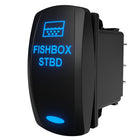 Angled side-rear view of FISHBOX STBD illuminated rocker, showing blue legend, spade terminals and mounting clip