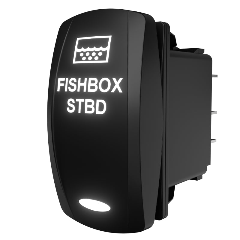 Rocker switch labeled 'FISHBOX STBD' shown at an angle, illuminated front and rear connector pins visible