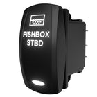 Rocker switch labeled 'FISHBOX STBD' shown at an angle, illuminated front and rear connector pins visible