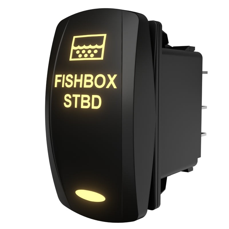 FISHBOX STBD illuminated rocker switch, angled side/rear view showing spade terminals and mounting clip