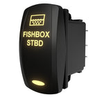 FISHBOX STBD illuminated rocker switch, angled side/rear view showing spade terminals and mounting clip