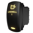 Right-side angled view of illuminated LIVEWELL 1 rocker switch with glowing legend and rear spade terminals