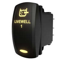 Right-side angled view of illuminated LIVEWELL 1 rocker switch with glowing legend and rear spade terminals
