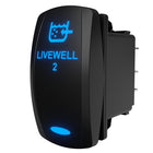 Angled side-rear view of LIVEWELL 2 marine rocker switch showing blue backlit legend and rear connector pins.