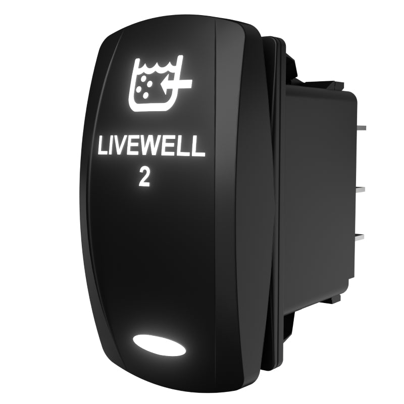 Carling Technologies Livewell 2 illuminated rocker switch, angled side view showing rear spade connectors