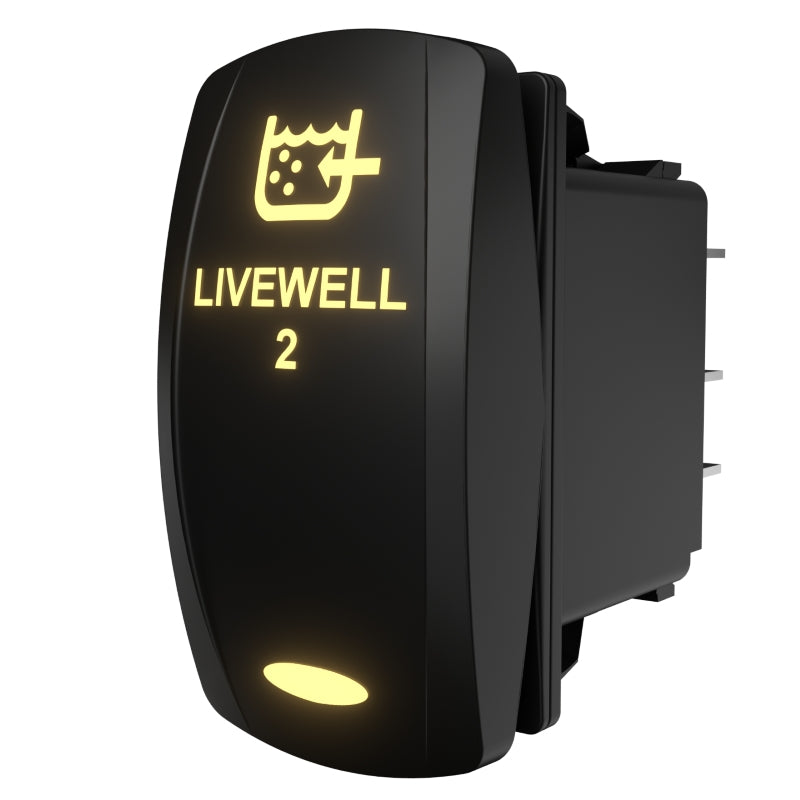 Carling LIVEWELL 2 illuminated rocker switch, angled view showing rear terminals and housing depth