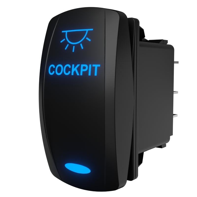 Carling Technologies cockpit lights rocker switch, blue-illuminated legend, front and right-side connector view